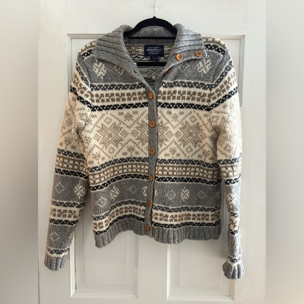 Vintage Eddie Bauer Fair Isle Lambs Wool Women's Cardigan sz medium